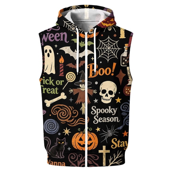Delconic Mens Halloween Print Sleeveless Zip Up Hoodie Vest Casual Vintage American Style Lightweight Fleece Hooded Outerwear Black L