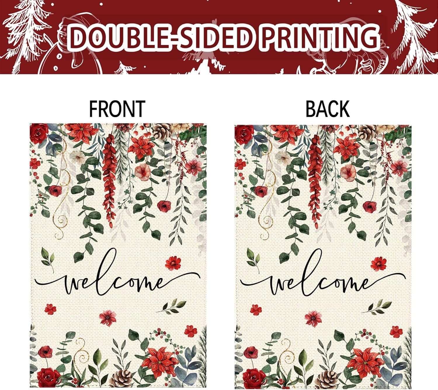 Winter Red Poinsettia Welcome Garden Flag 28x40 Inch Double Sided, Xmas Berry Burlap Large Yard Flag Winter Floral Farmhouse Flags Seasonal Patio Outdoor Outside Decoration