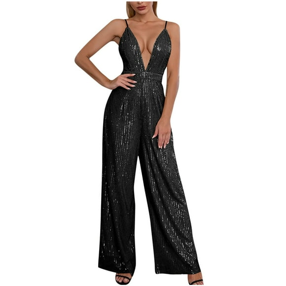 FAIWAD Women's Sequins Jumpsuits Deep V Neck Spaghetti Strap Sleeveless Rompers Wide Leg Cocktail Party Jumpsuit