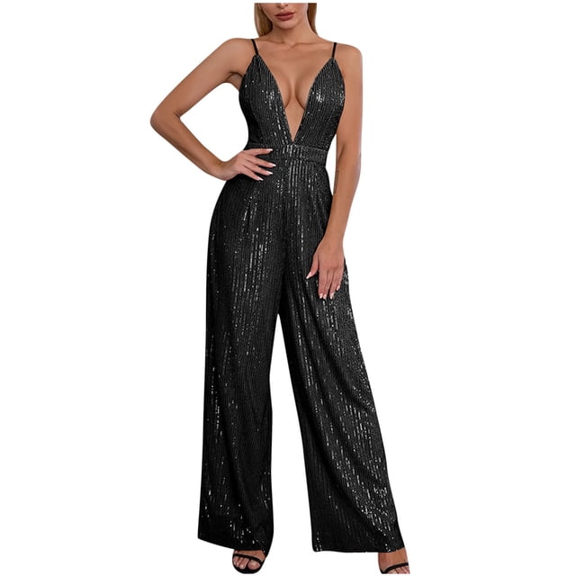 Bowake Sequins Combinaison à pour Femmes Tendance Col en V Profond Sans Manches Dos Nu Pantalon Large Scintillant