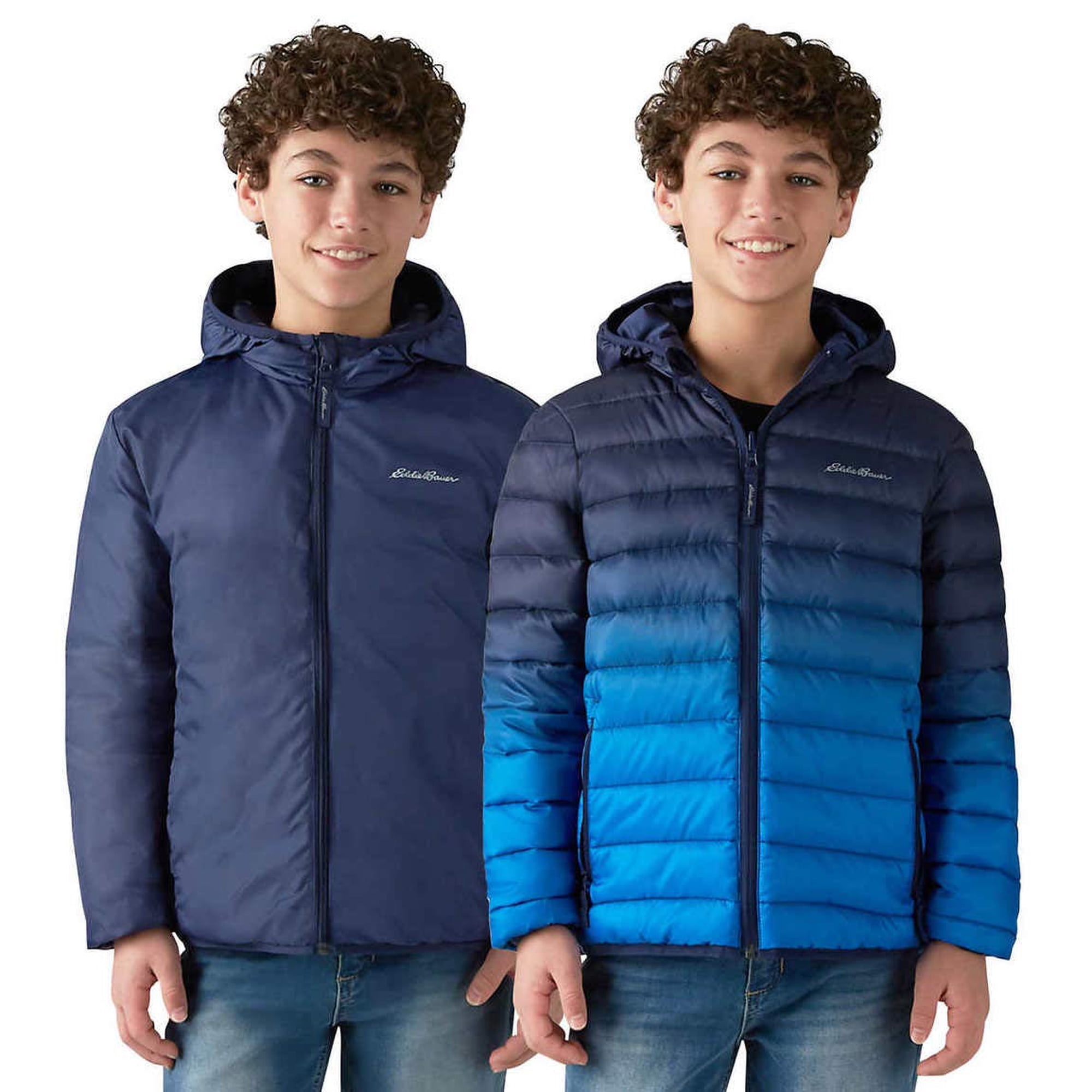 Eddie Bauer Boys Reversible Hooded Down Jacket (Blue Ombre/Peacoat