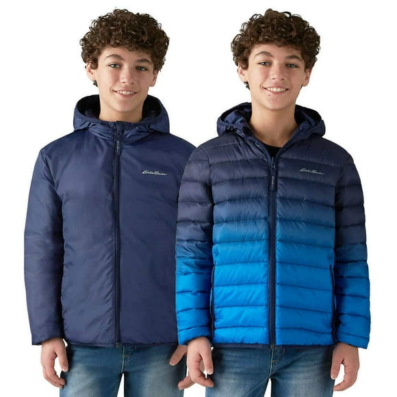 Eddie Bauer Boys Reversible Hooded Down Jacket (Blue Ombre/Peacoat, Medium 10/12)