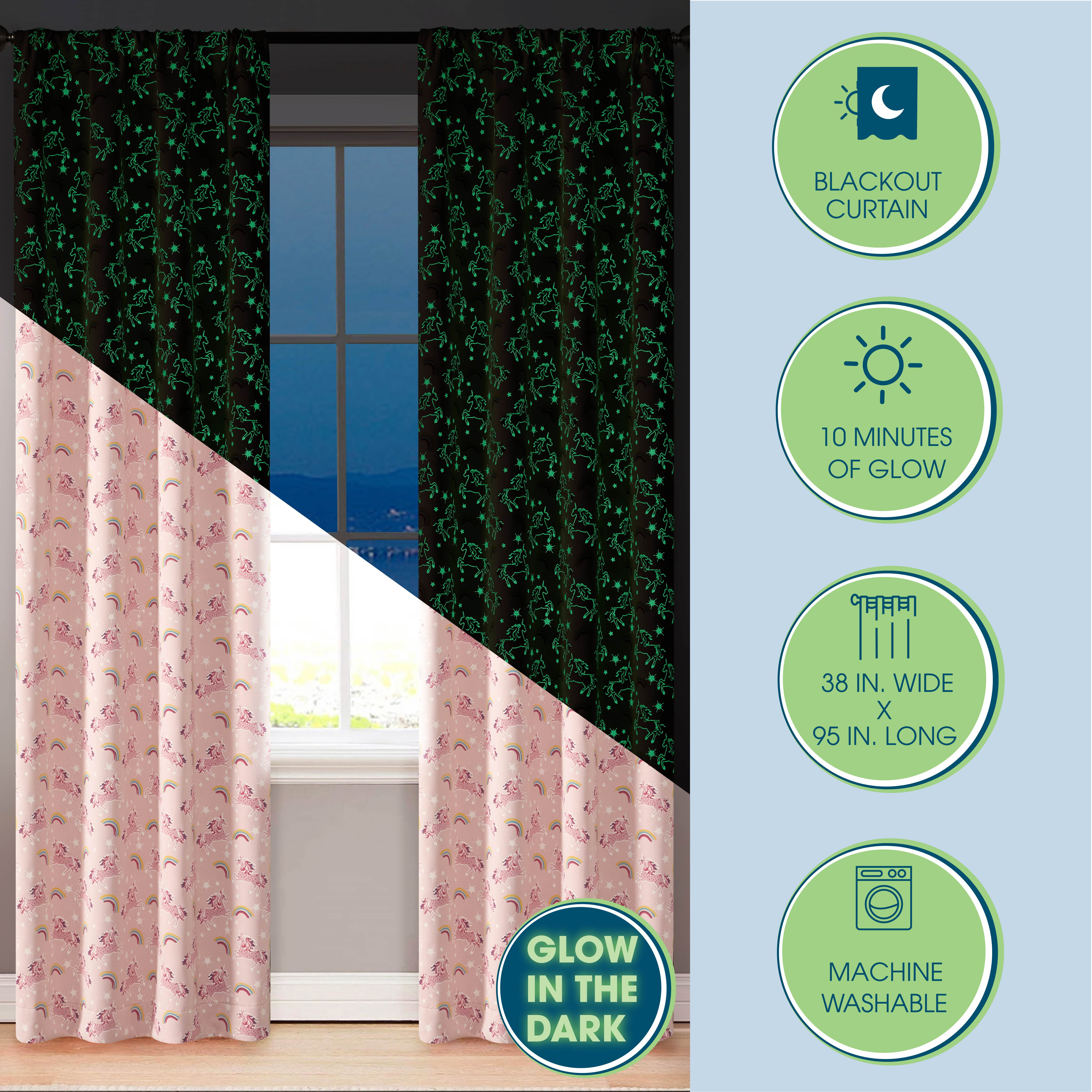 Your Zone Blackout Curtain Panel with Glow in the Dark Print, 1 Panel, Pink Unicorn, 37" W x 95" L