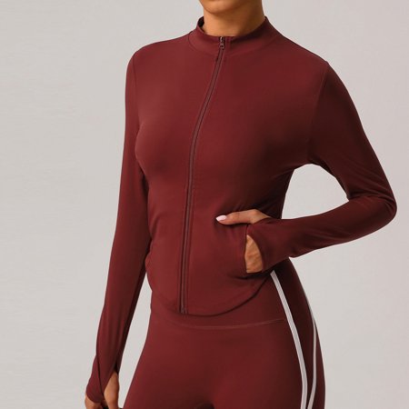 DailyTrove Women s Solid Color Zip-Up Sports Top Long Sleeve Casual Gym & Outdoor Wear Stretchy Polyester Plus Size Friendly