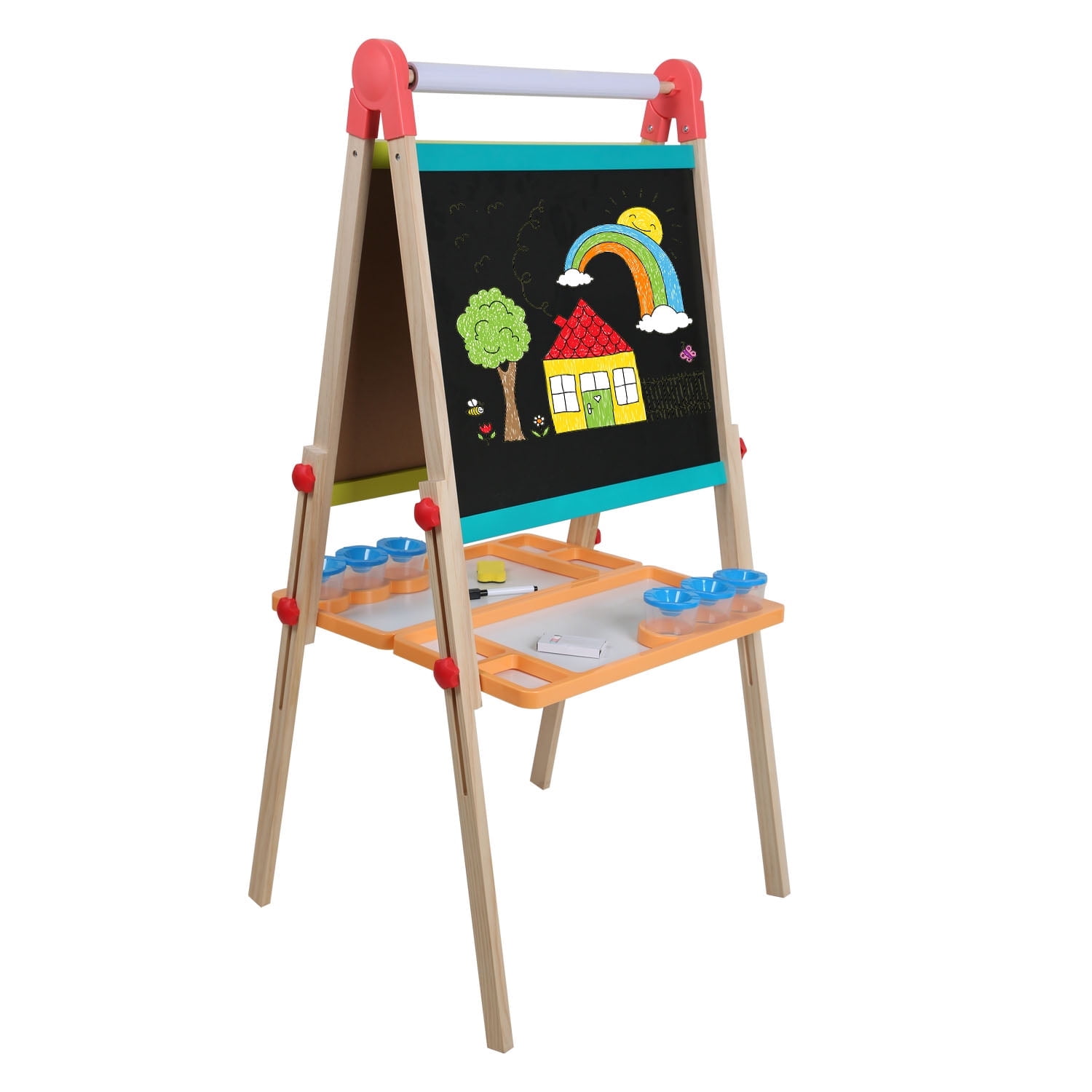 Beipoo Kids Art Easel with Paper Roll, Foldable Wooden Easel for Toddlers, All-in-one Painting Easel for 2-12 Years Children, Adjustable Drawing Station with Chalkboard & Magnetic Whiteboard