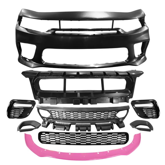 Ikon Motorsports Front Bumper Conversion W/ Pink Lip Compatible With 2015-2023 Dodge Charger Widebody Style Front Bumper Cover & SRT Style Upper Grille & Lower Grille & Foglight Covers W/ Light Lamp