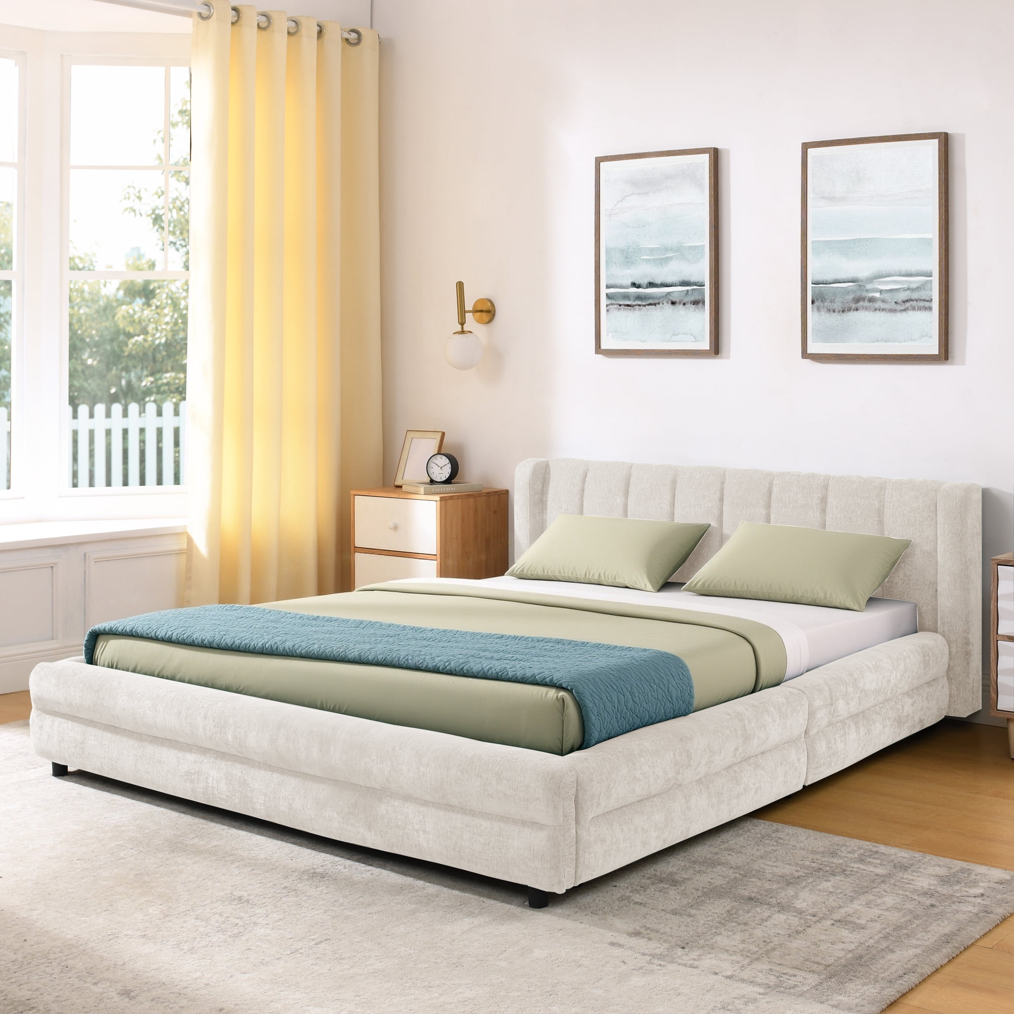 Modern Beige Wood Frame Queen Size Platform Bed, Queen Chenille Upholstered Platform Bed with Headboard & 4 Drawers