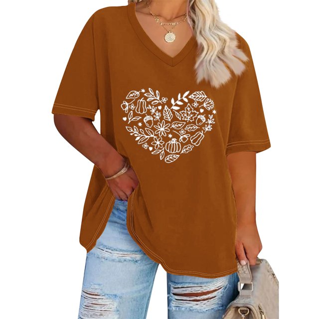 Fiudx Ofertas Del Día Camiseta Básica de Verano de Color Sólido de Manga Corta Calabaza con Acción de Gracias con Cuello En V Grande para Mujer