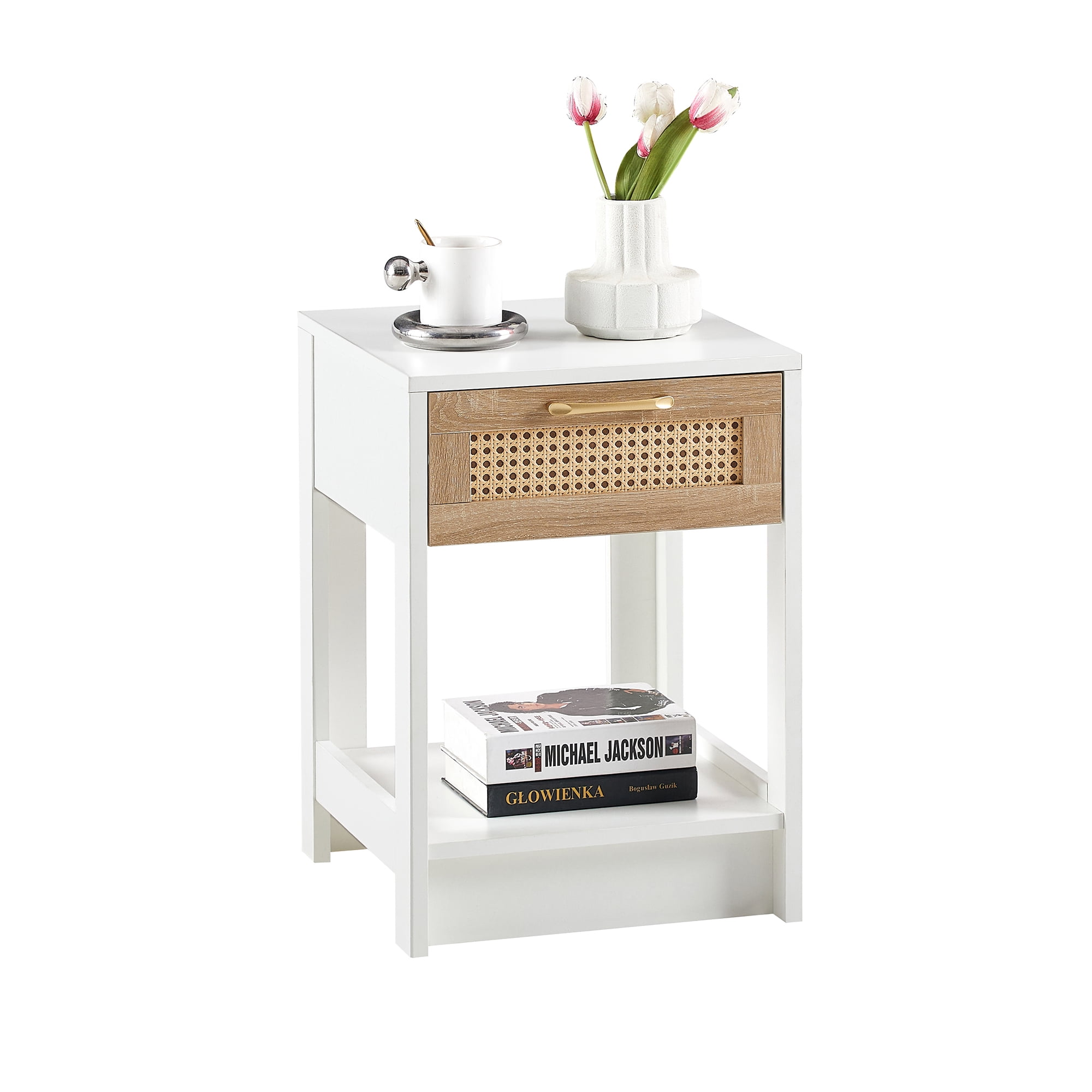 Kepooman 15.75" Rattan Night Table, Bedside Table with Drawer, Modern Farmhouse Nightstand for Living Roon, White