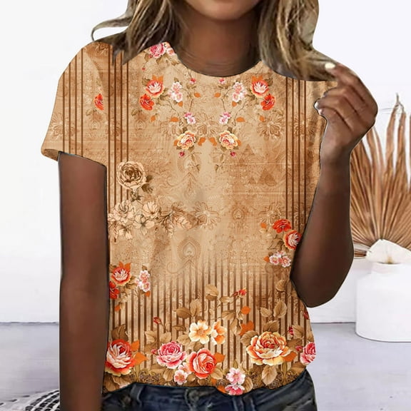 Azrian Womens Plus Size,Women's Casual Retro Printed Round Neck Short Sleeved Top