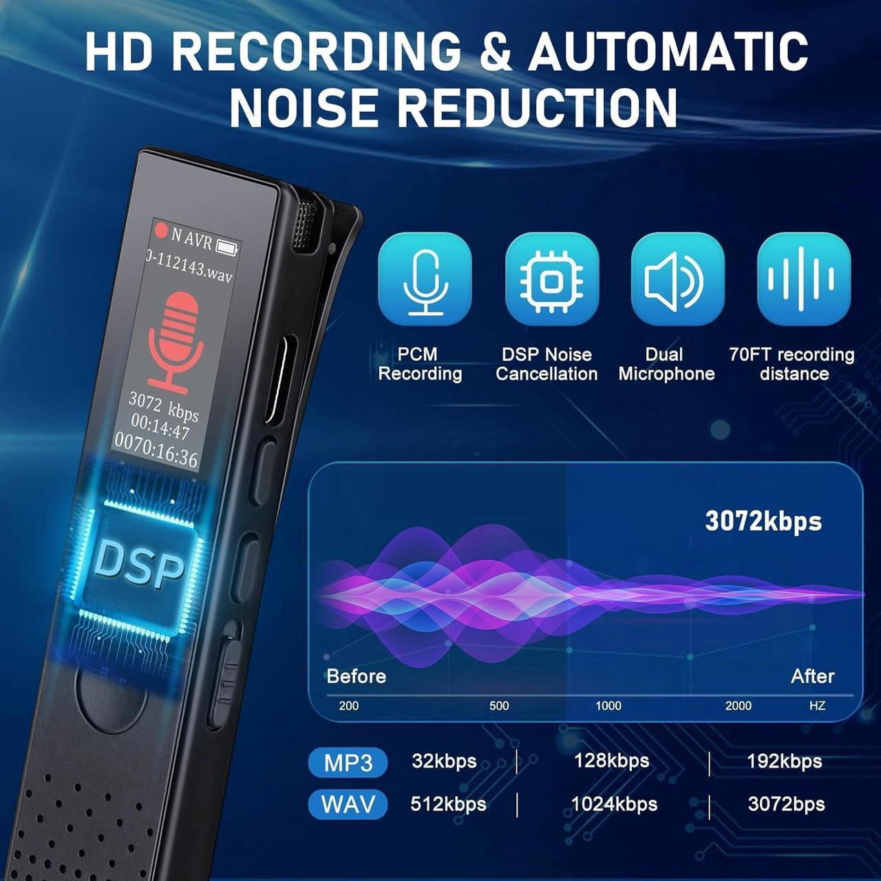 64GB Digital Voice Recorder - Bluetooth Playback, 3072KBPS Voice Activation, Password Protection - Ideal for Lectures, Meetings, Interviews.