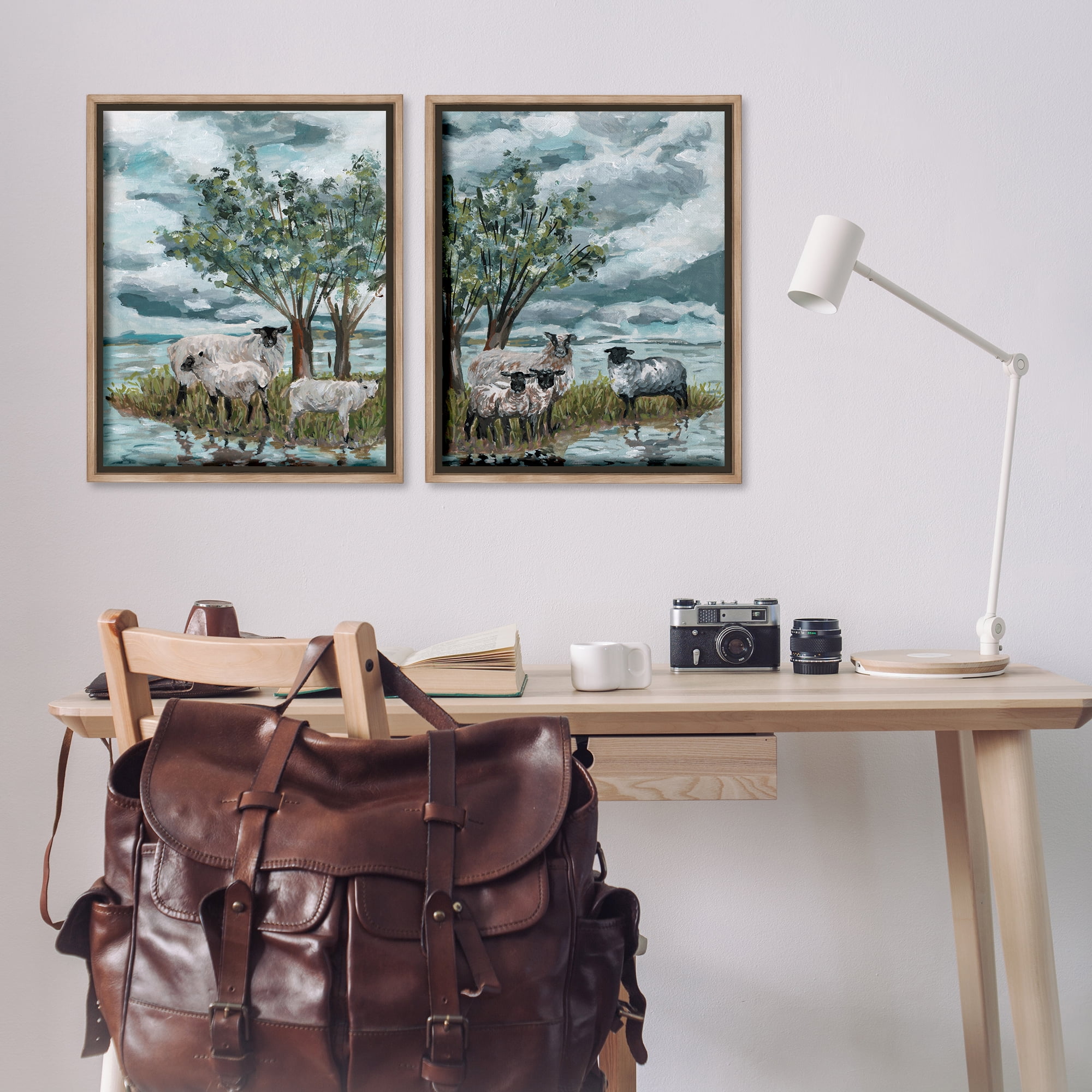 Stupell Industries Sheep in Field Landscape & Nature Painting Brown Floater Framed Canvas Art Print Wall Art, 31 x 25, Set of 2