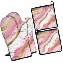 Pink Gold Marble Pattern Kitchen Oven Mitt and Pot Holder Sets 2 Pcs for Baking, Cooking and Grilling, Heat Resistant Up To 392 °F