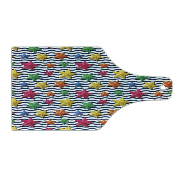 Nautical Cutting Board, 3D Colorful Stars and Blue Wavy Stripes Marine Theme Starfish Graphic Art, Decorative Tempered Glass Cutting and Serving Board, Wine Bottle Shape, Multicolor, by Ambesonne