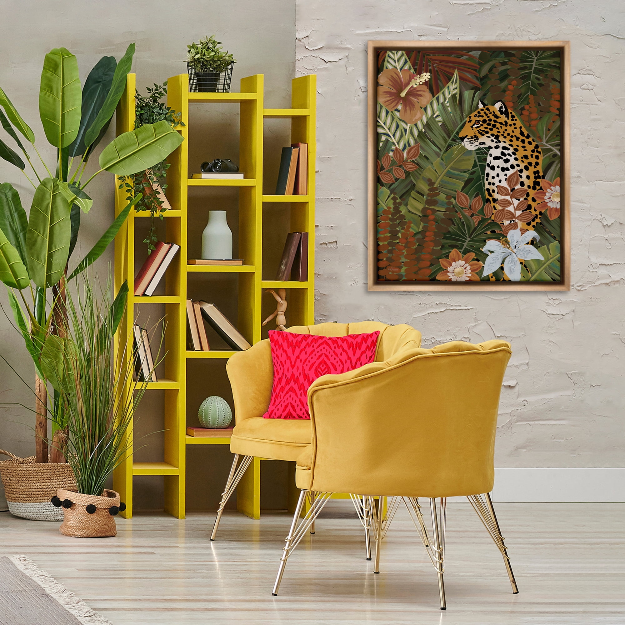 Stupell Industries Hibiscus Jungle Leopard Animals Painting Brown Floater Framed Canvas Art Print Wall Art, 25 x 31