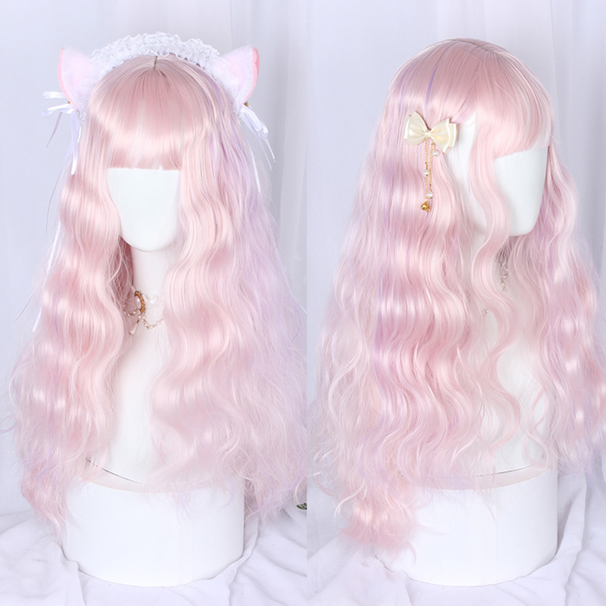 Unique Bargains Human Hair Wigs for Lady 26" Pink Curly Wig with Wig Cap 21.5"- 22.5"
