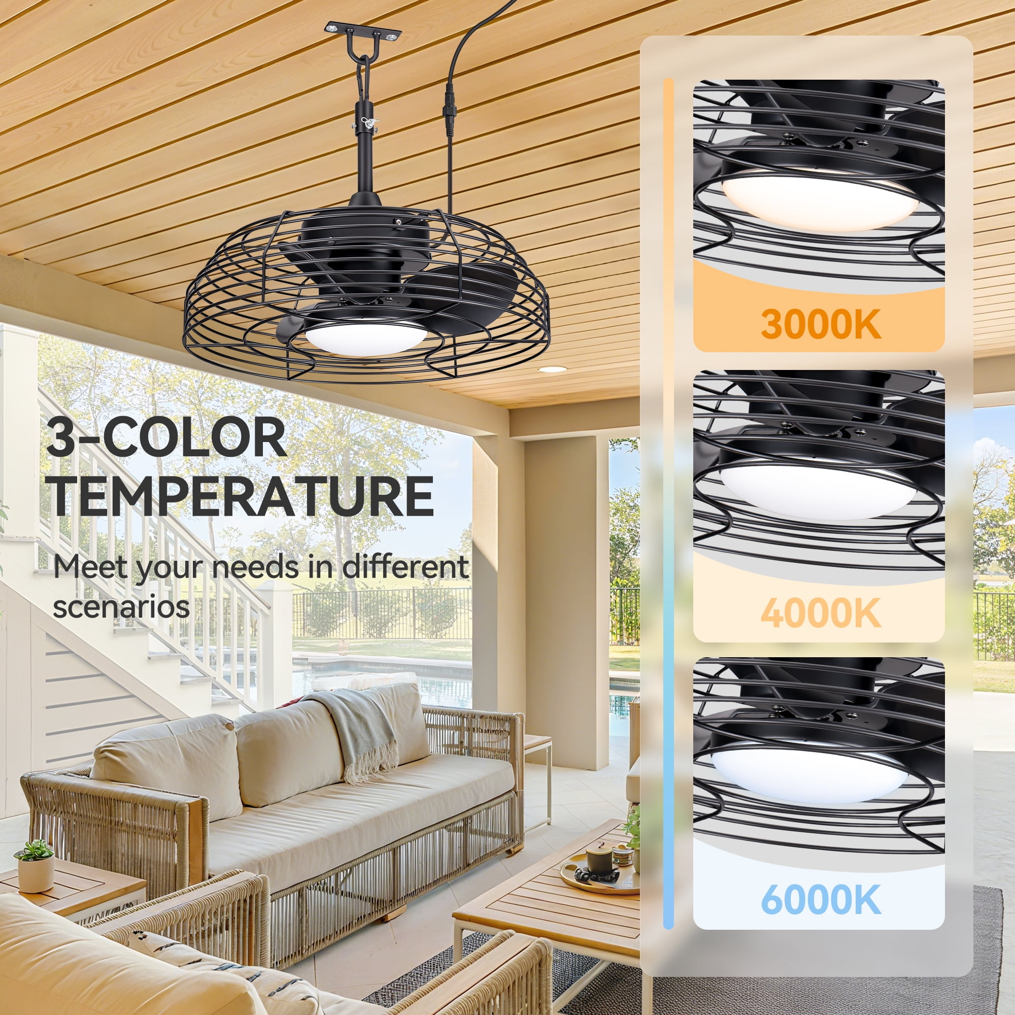 ALKAFY 19 inch Waterproof Black Ceiling Fan with 24W LED Light & Remote - 5M Cord, 6 Speeds for Bathroom & Porch