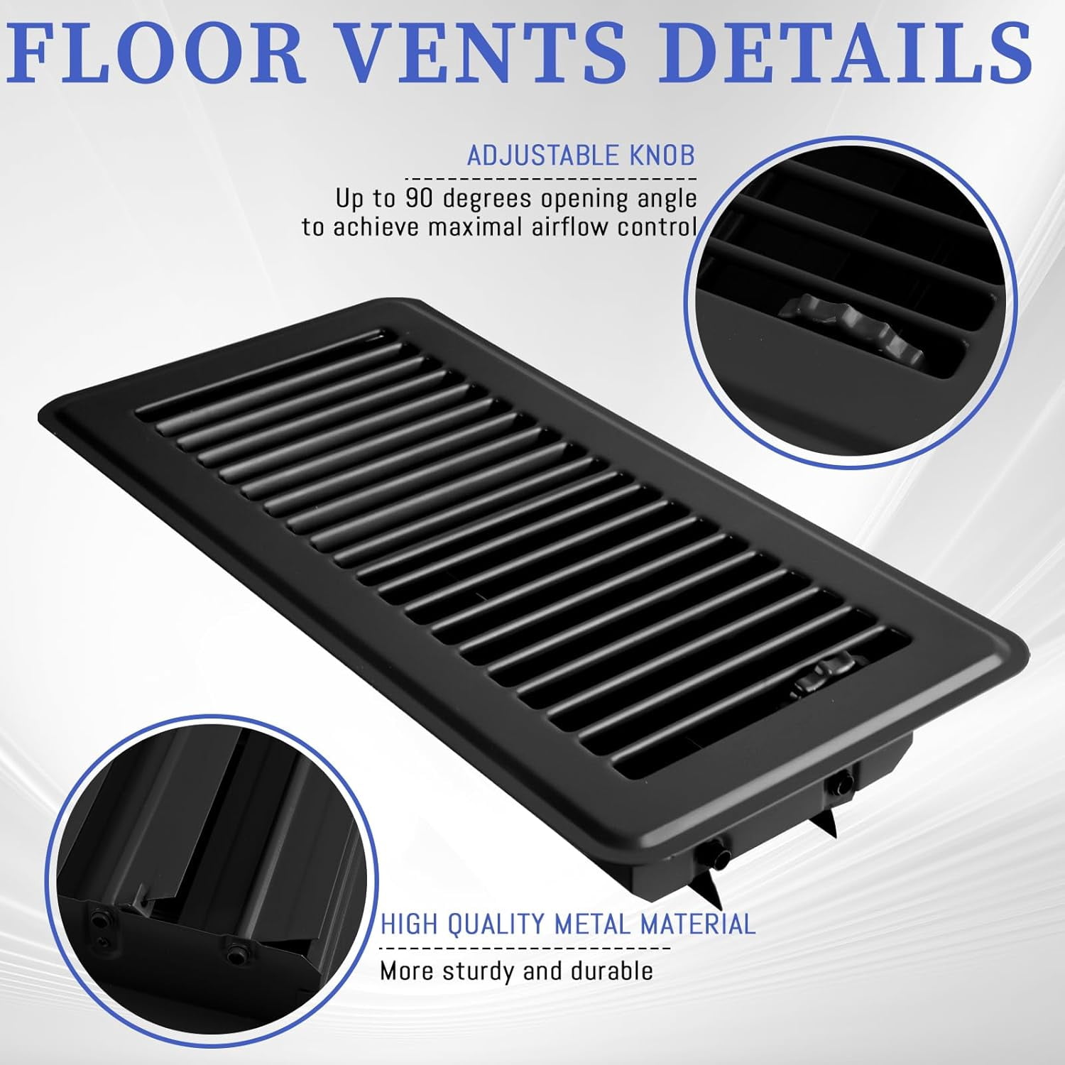 VIB 4 x 10 Floor Register, Black Heavy Duty Metal Air Vent Cover with Rust Proof Finish and Adjustable Knob, Ideal for Floor Wall Ceiling Home Use