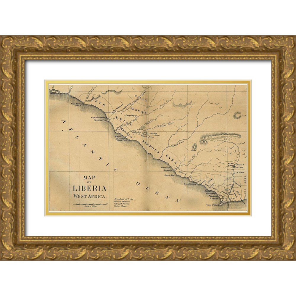 Vintage Maps 14x10 Gold Ornate Wood Framed with Double Matting Museum Art Print Titled - American Colinization Map of Liberia