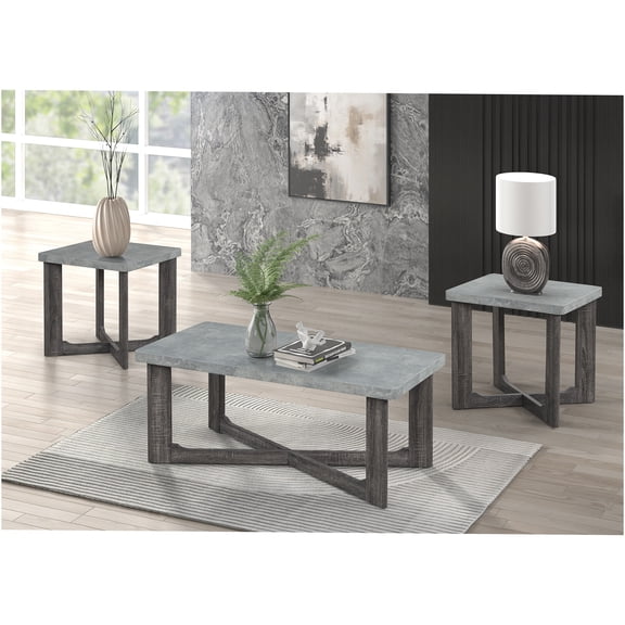 JERFIT 3-Piece Coffee Table Set with Faux Marble Top, Cross-Leg Design for Living Room, Modern Gray MDF Console & End Tables