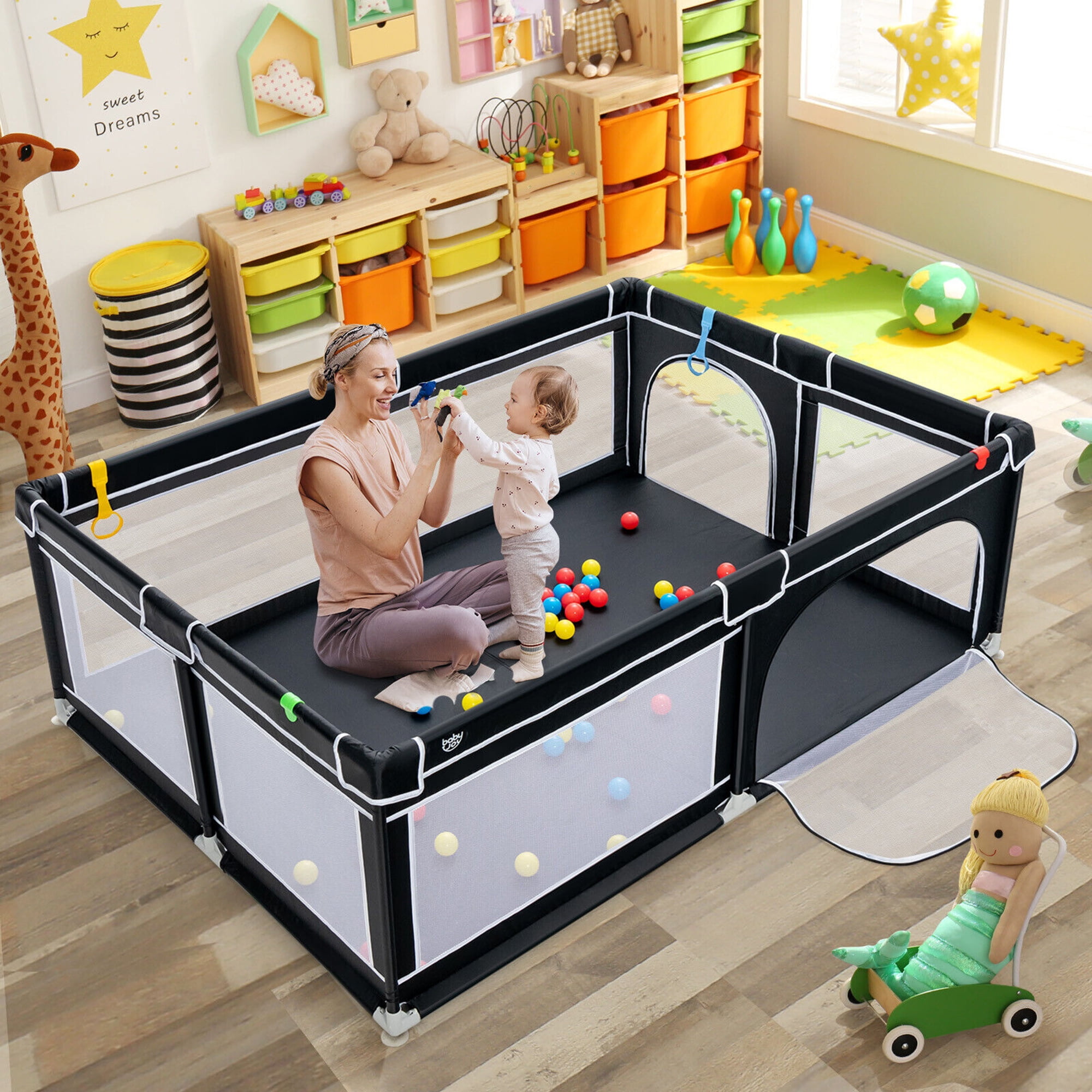 Gymax Baby Playpen Extra-Large Safety Baby Fence w/ Ocean Balls & Rings Black