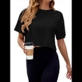 thumbnail image 3 of Camiseta de Hombros Caídos para Mujer, Camiseta Corta de Media , Cuello Redondo, Corta, Tops Casuales de Verano Lisos. Negro XXL, 3 of 9
