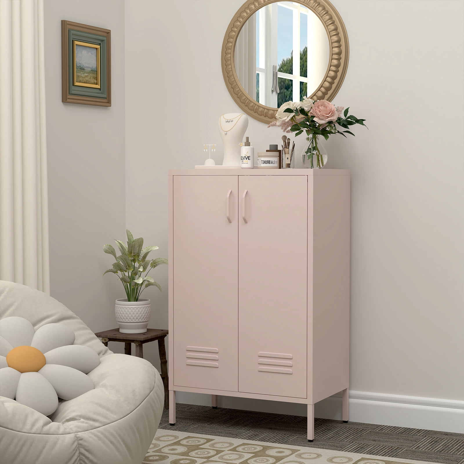 Marcree Metal Storage Cabinet, 2 Doors Accent Cabinet, Sideboard Cabinet with Adjustable Shelves, Morden Locker Cabinets with Feet for Living Room, Kitchen Pantry, Office, Pink