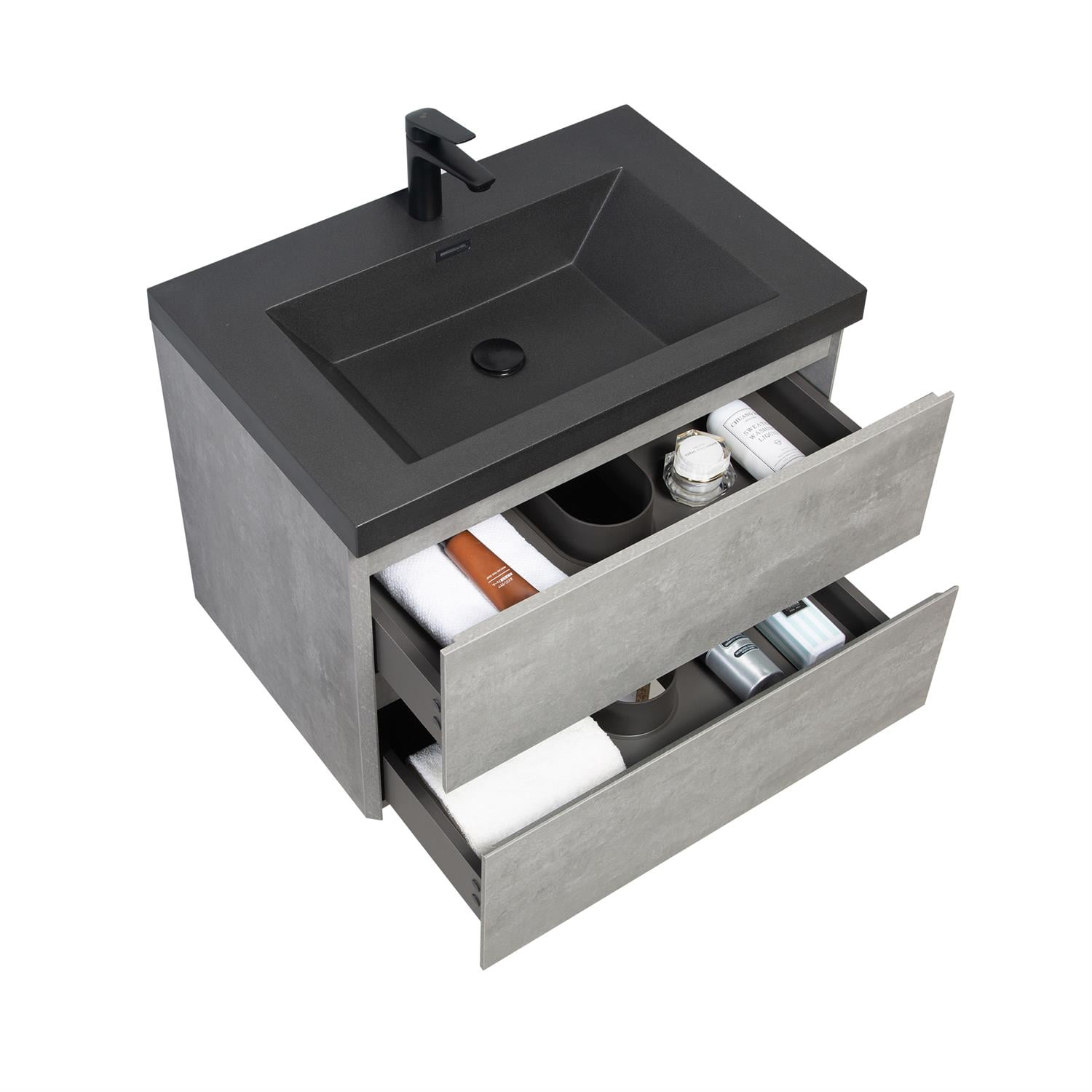 Demi Bonn 29" Floating Bathroom Vanity with Sink, Black Quartz Sand Top Basin and 2 Soft Close Drawers, Faucets and Drains Not Included, Gray