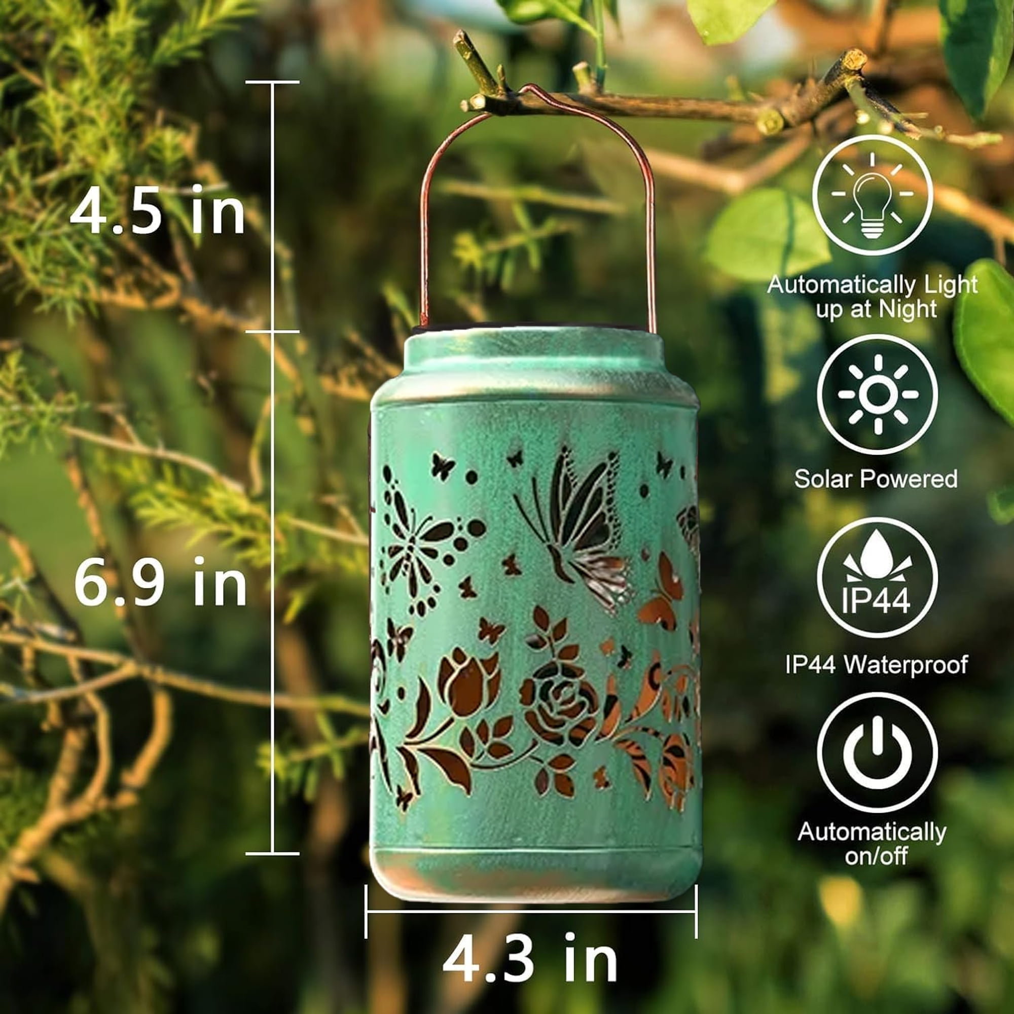 COCOBELA 2 Pack Butterfly Solar Lanterns Outdoor Hanging Metal Decorations Waterproof with LED Light, Landscape Lights for Garden Patio Yard Lawn Backyard Front Porch Gifts for Mom Grandma