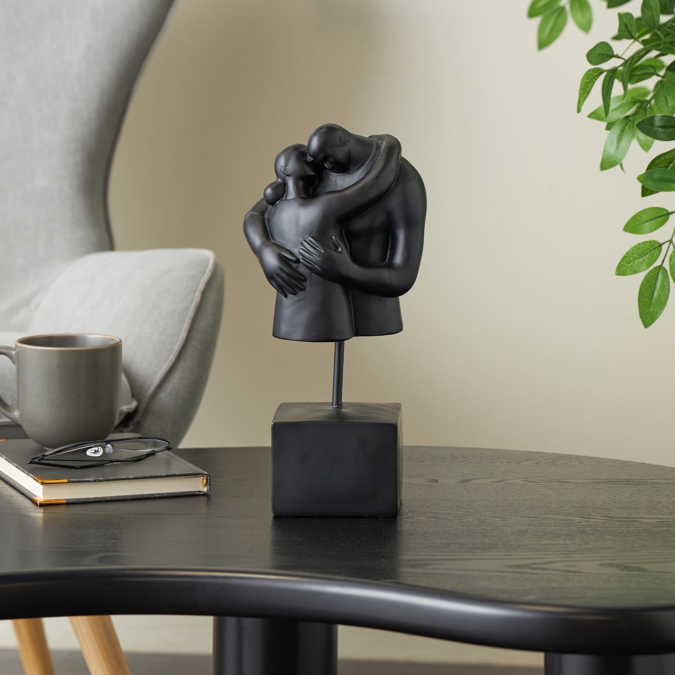 6" x 13" Black Resin Hugging People Sculpture with Square Base, by DecMode