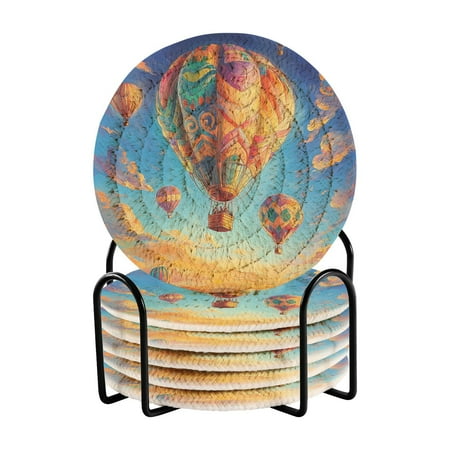 

6-Pack Polyester Coil Coasters with Holder - Heat-Resistant (140℃) Non-Slip & Durable，Hot Air Balloon