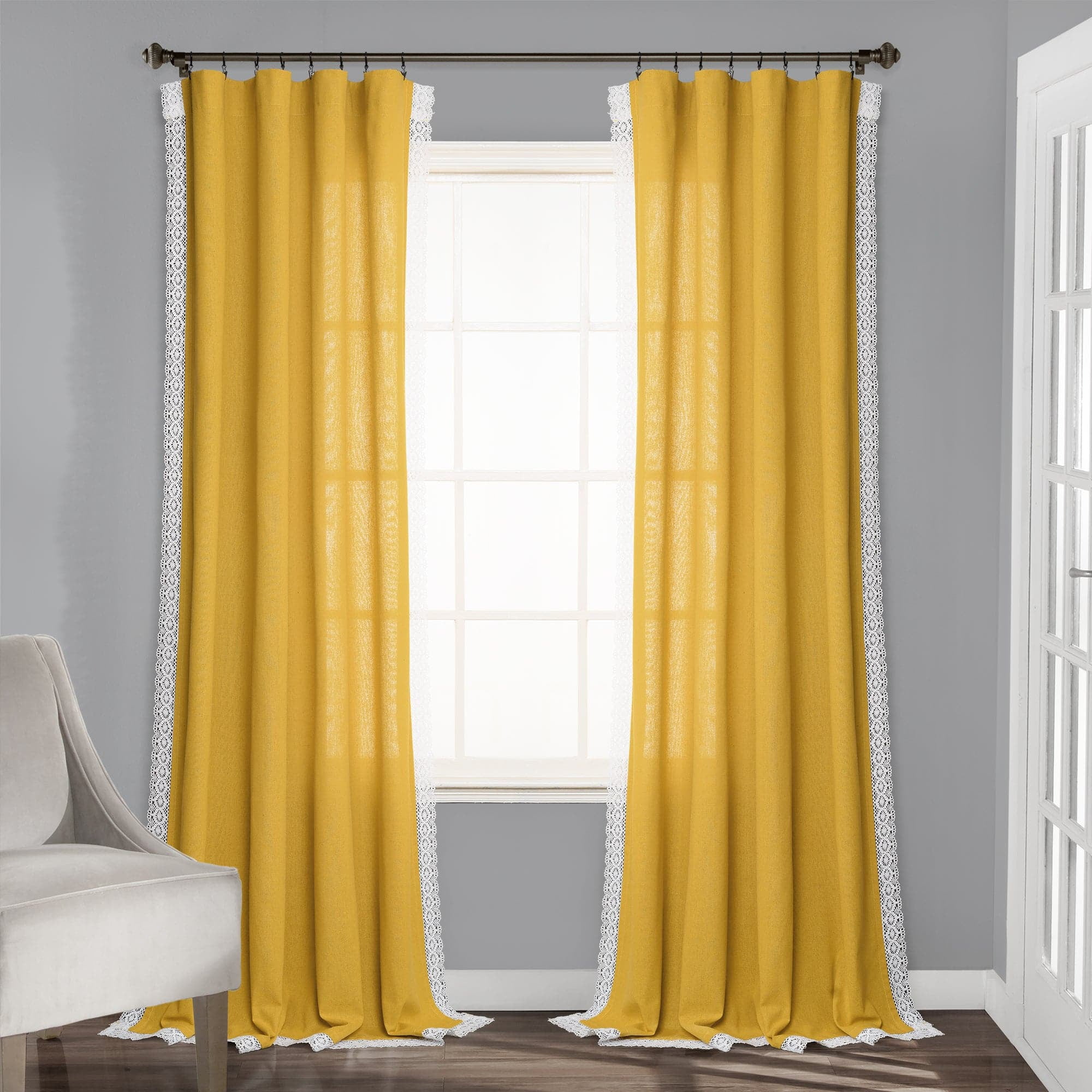 Lush Decor Rosalie Faux Linen Delicate Lace Edge Solid Color 3" Rod Pocket Light Filtering Window Curtain Panel, Ivory, 63"L x 54"W, Set of 2