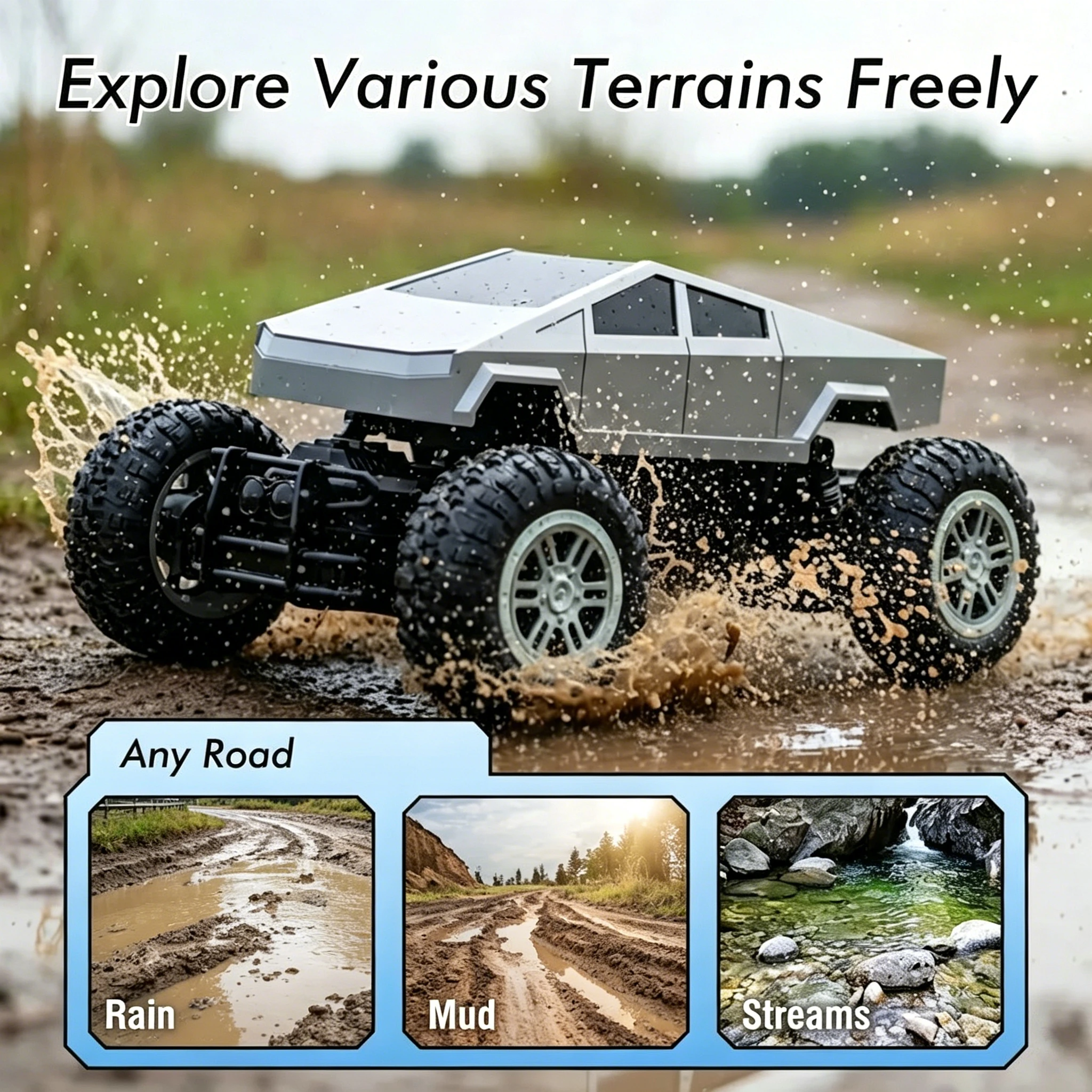 Amphibious RC Car, 1:16 Scale 4WD Waterproof Remote Control Truck, Cyber Style All-Terrain Stunt Vehicle with LED Lights