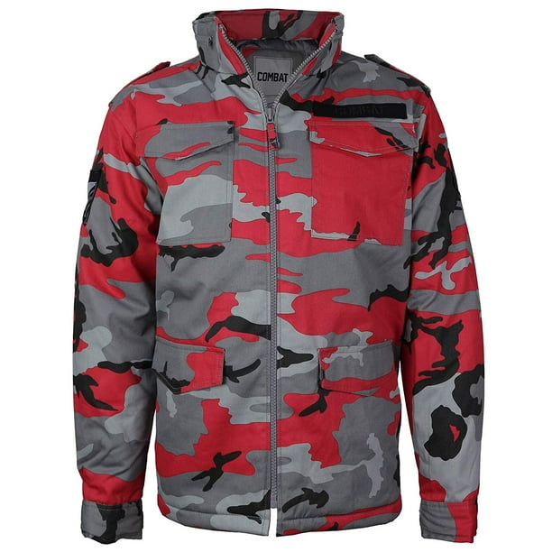 Combat - Combat Men's Tactical Heavyweight Hooded Quilted Camo Hunting Jacket (Red Camo, 4XL 