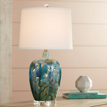 360 Lighting Cottage Table Lamp With Nightlight Ceramic Blue Vine Handcrafted Oval Fabric Shade For Living Room Family Bedroom