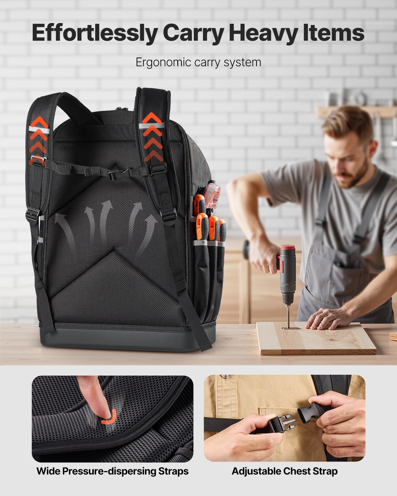 VEVOR Tool Backpack, 56 Pockets, Heavy-duty Tools Storage Organizer Bags with Molded Base, Electrician Jobsite Backpack for Construction Jobsite, Electrician, Industrial, Repairman, and HVAC Techs