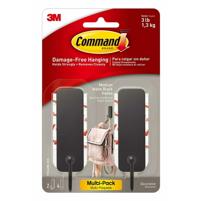 Wall Hooks Command, color negro mate medio, 2 ganchos y 4 tiras