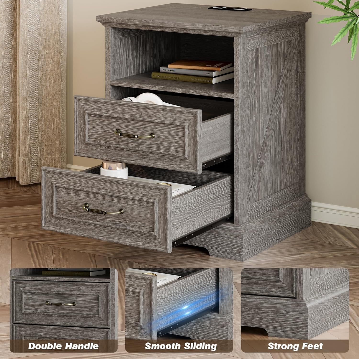 FANRAL 2 Drawers Dresser for Bedroom,Farmhouse Nightstand with Charging Station & Open Shelf,24" Wide Wooden Chest of Drawers,Rustic Storage Cabinet,Dark Gray Dresser