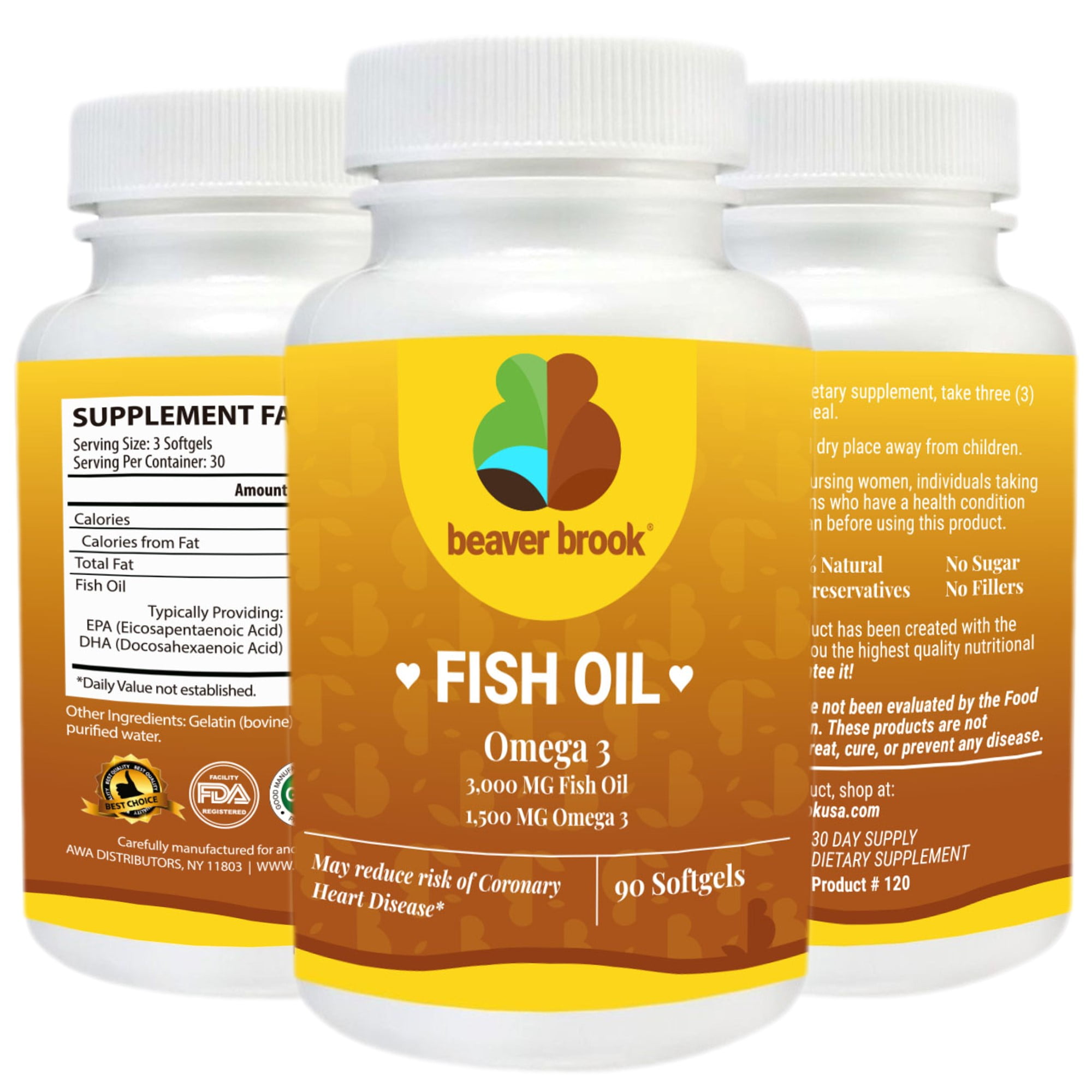 Beaver Brook Fish Oil 3000 mg with 1500 mg Omega 3, Supports Heart