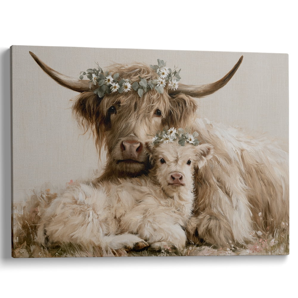 Pioneer Art Floral Crown Highland Cow Mother Calf Wall Art For Farmhouse Nursery Decor 12x8 Inch