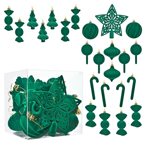 Juego de adornos de Navidad irregulares de 24 piezas con bolas de flocado | Adorno de Árbol Estrella | Formas únicas, textura de terciopelo, múltiples tamaños | Decoraciones de plástico festivas