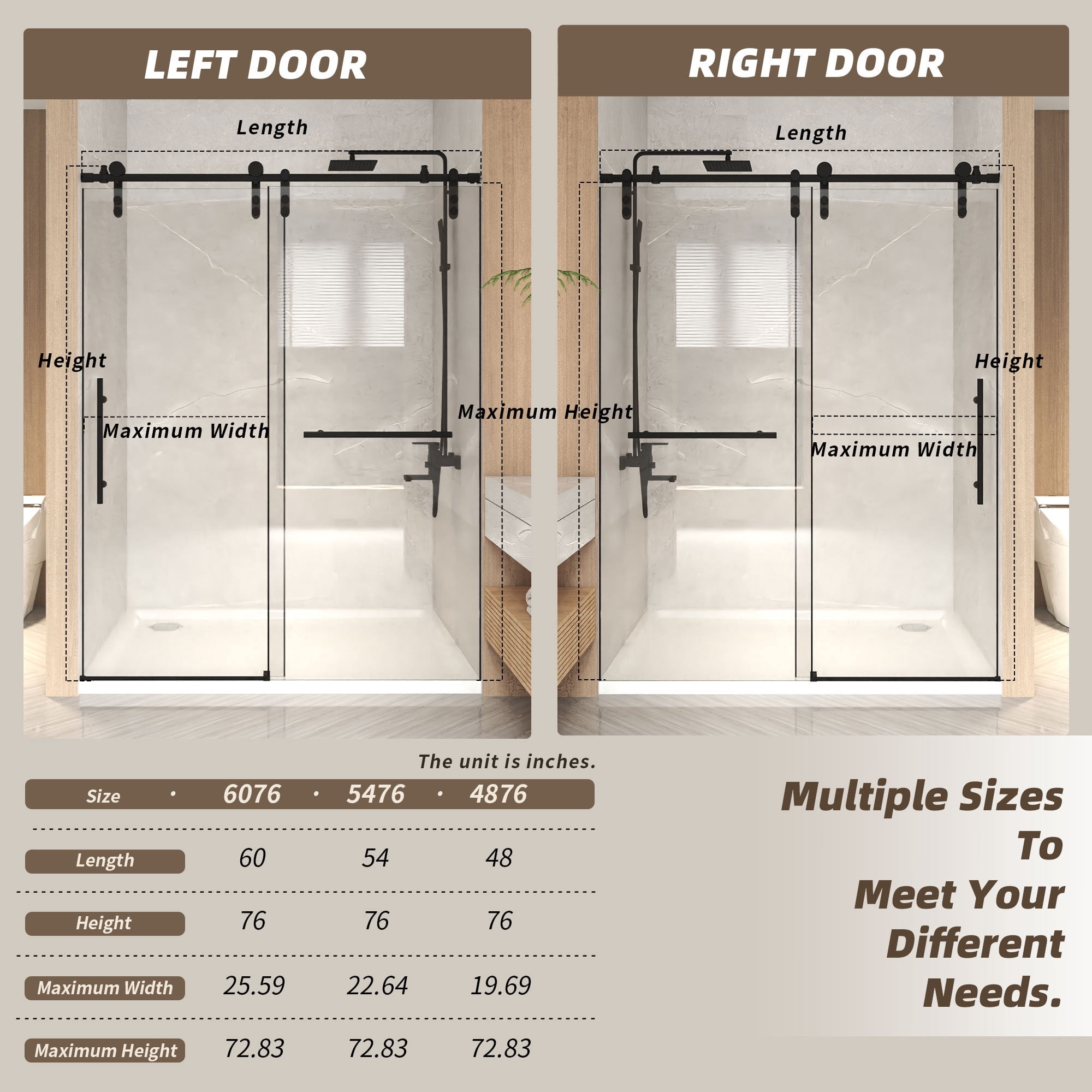 Leumius 50-54" x 76" H Frameless Sliding Shower Door,5/16" Clear Tempered Glass Sliding Shower Door,Stainless Steel Frame,Matte Black