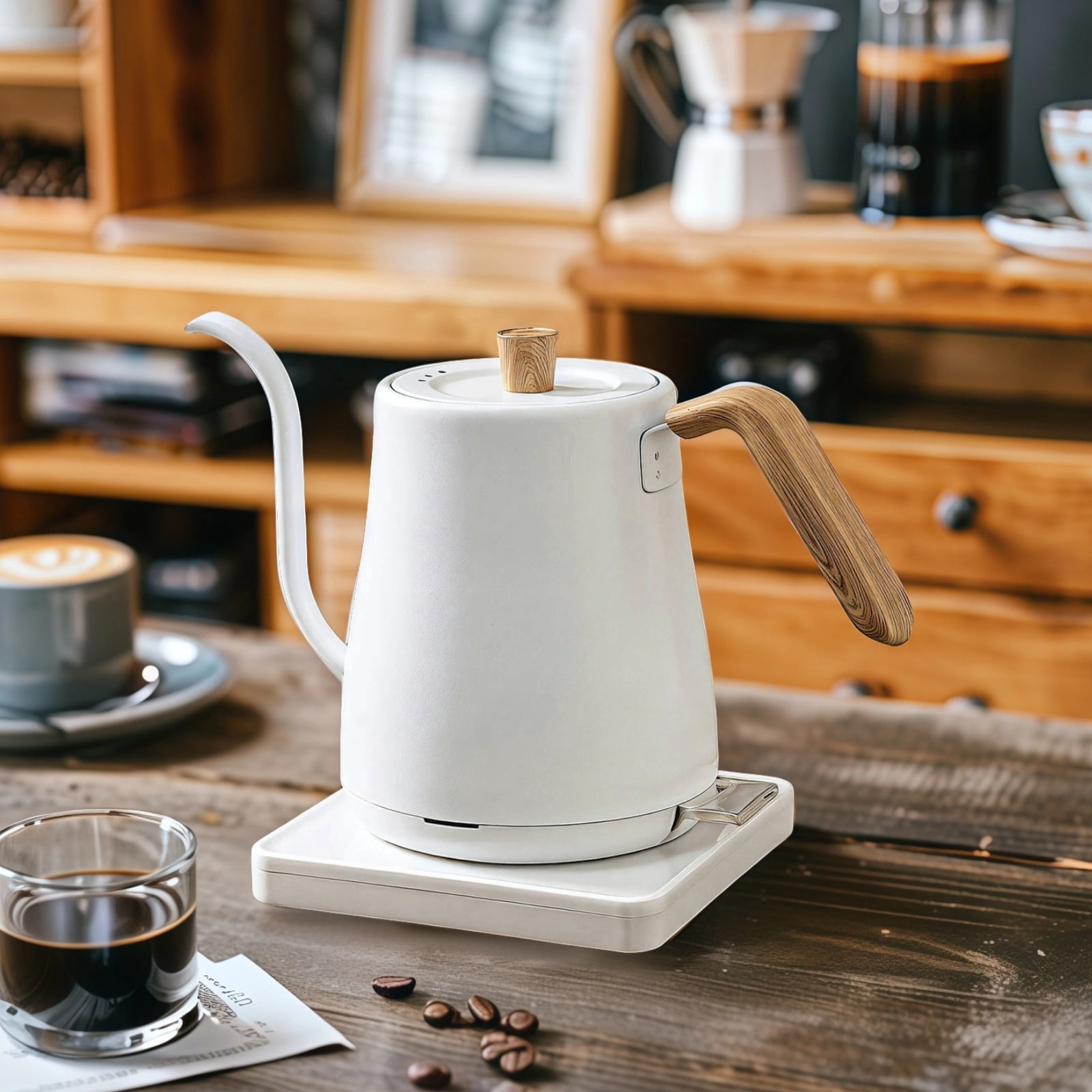 Gooseneck Kettle for Precise Pouring, 314.96 in (800 ml) Stainless Steel Water Heater for Tea and Coffee, 1000W Fast Heating, Ergonomic Wooden Handle, Temperature Control with Auto Shut Off (110V)