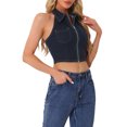 thumbnail image 4 of INSPIRE CHIC Women's Top Denim Halter Zipper Up Collared Sleeveless Jean Tank Tops XL Black Blue, 4 of 6