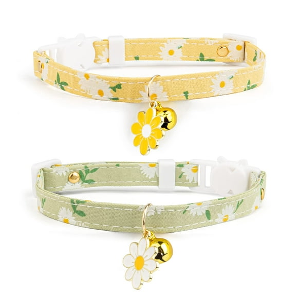 Paquete de 2 collares de algodón con cierre de seguridad para gatos, con cascabel, colgante de flores amarillas y verdes, lindo collar para gatitos, ideal para gatas y gatos.