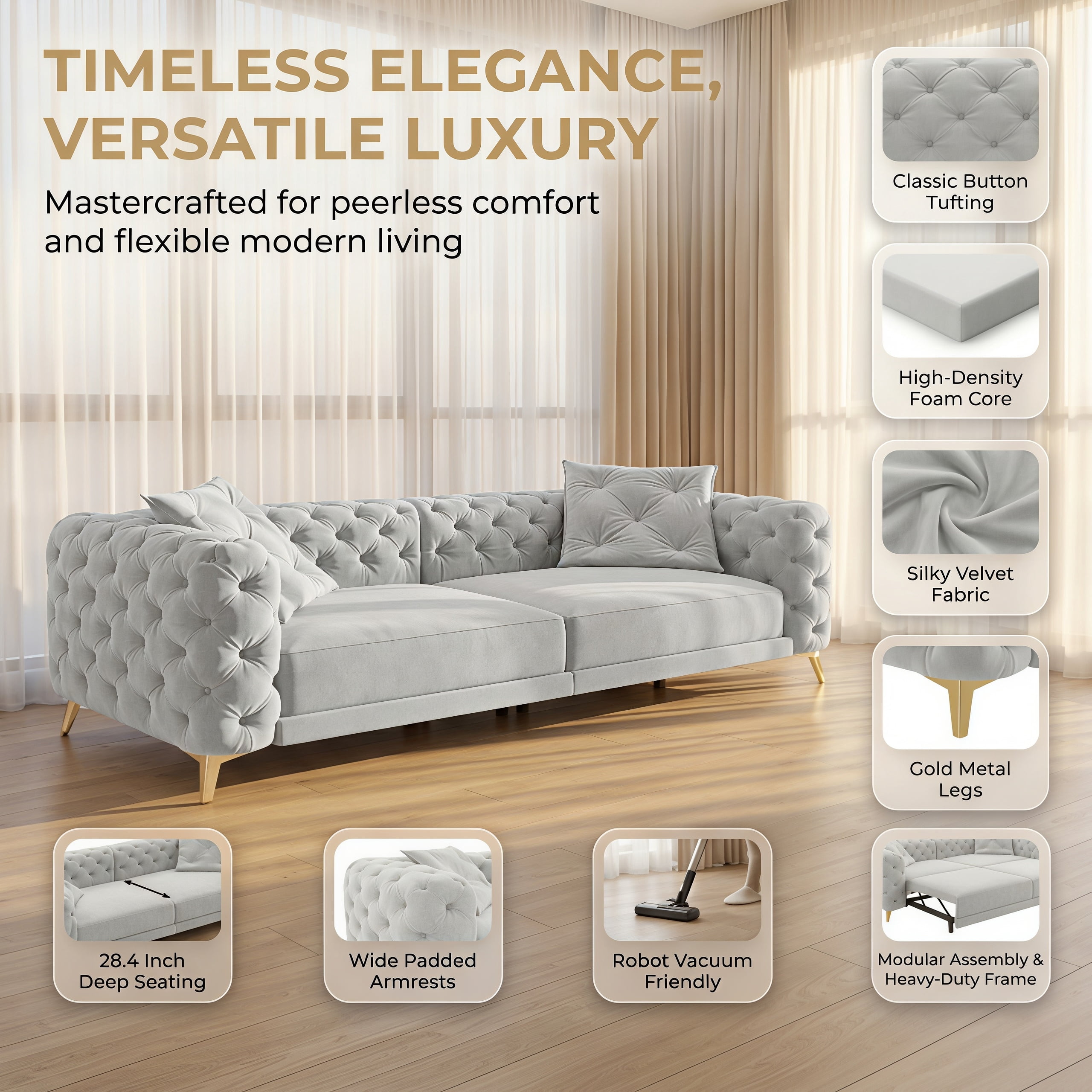 3-in-1 Velvet Sleeper Sofa Bed, 97.7" Modern Button Tufted Convertible Pull Out Couch with Gold Metal Legs & Deep Seat for Living Room, Light Gray