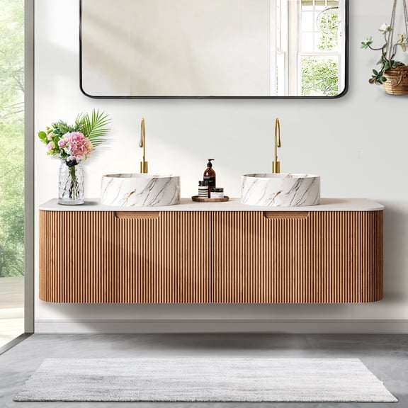 60" Curved Edges Striped Bathroom Vanity with Sink, Floating Plywood Cabinet with 2 Large Drawer, Ceramic Vessel Basin & Artificial Marble Top - Natural Wood Grain Color Pre-assembled Vanity