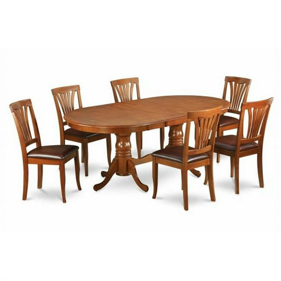East West Furniture PLAV5-SBR-LC 5-Piece Plainville Table with Double Pedestal & 4 Avon Faux Leather upholstered Seat Chairs in Saddle Brown Finish Finish