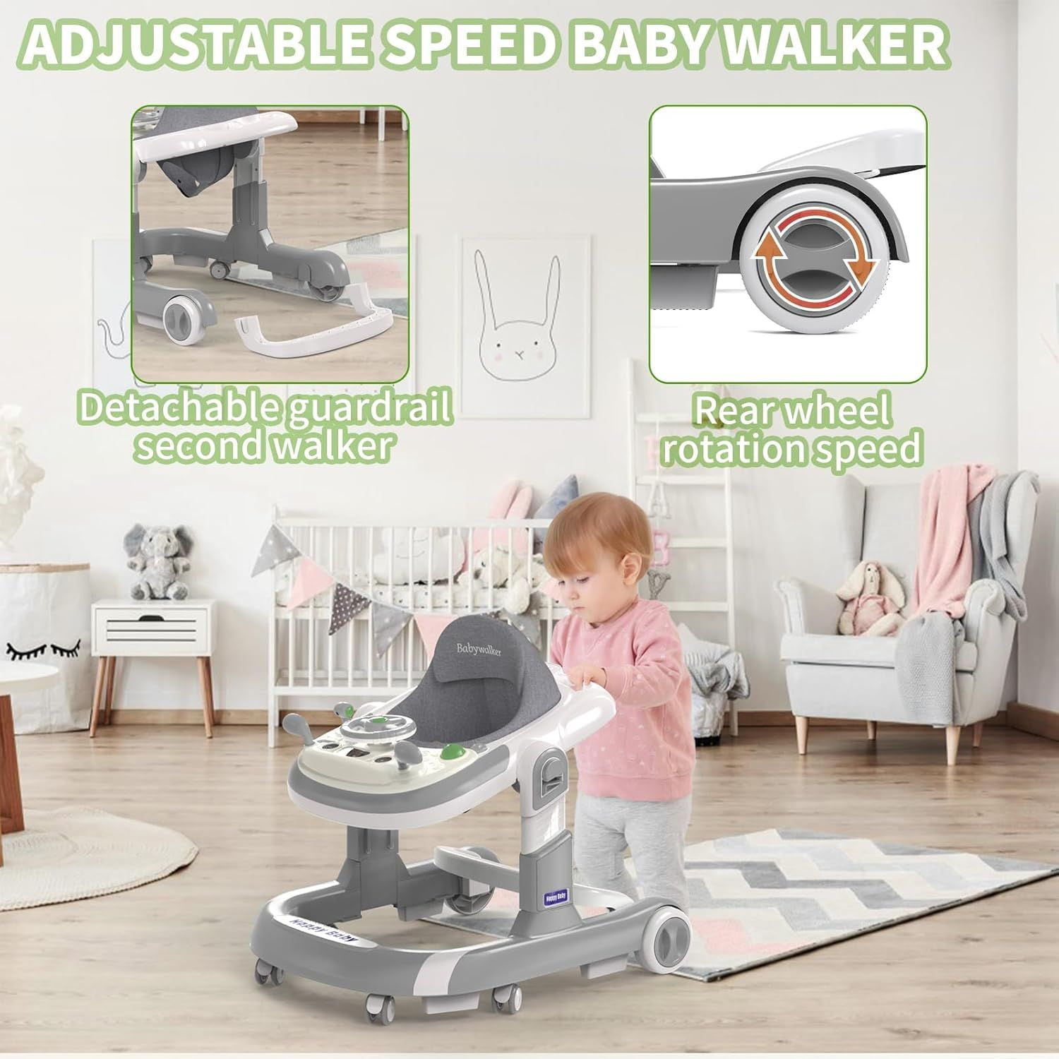 HENG Co. 5-in-1 Foldable Baby Walker with Foot Pads & Handles for Boys and Girls 6-24 Months, Gray