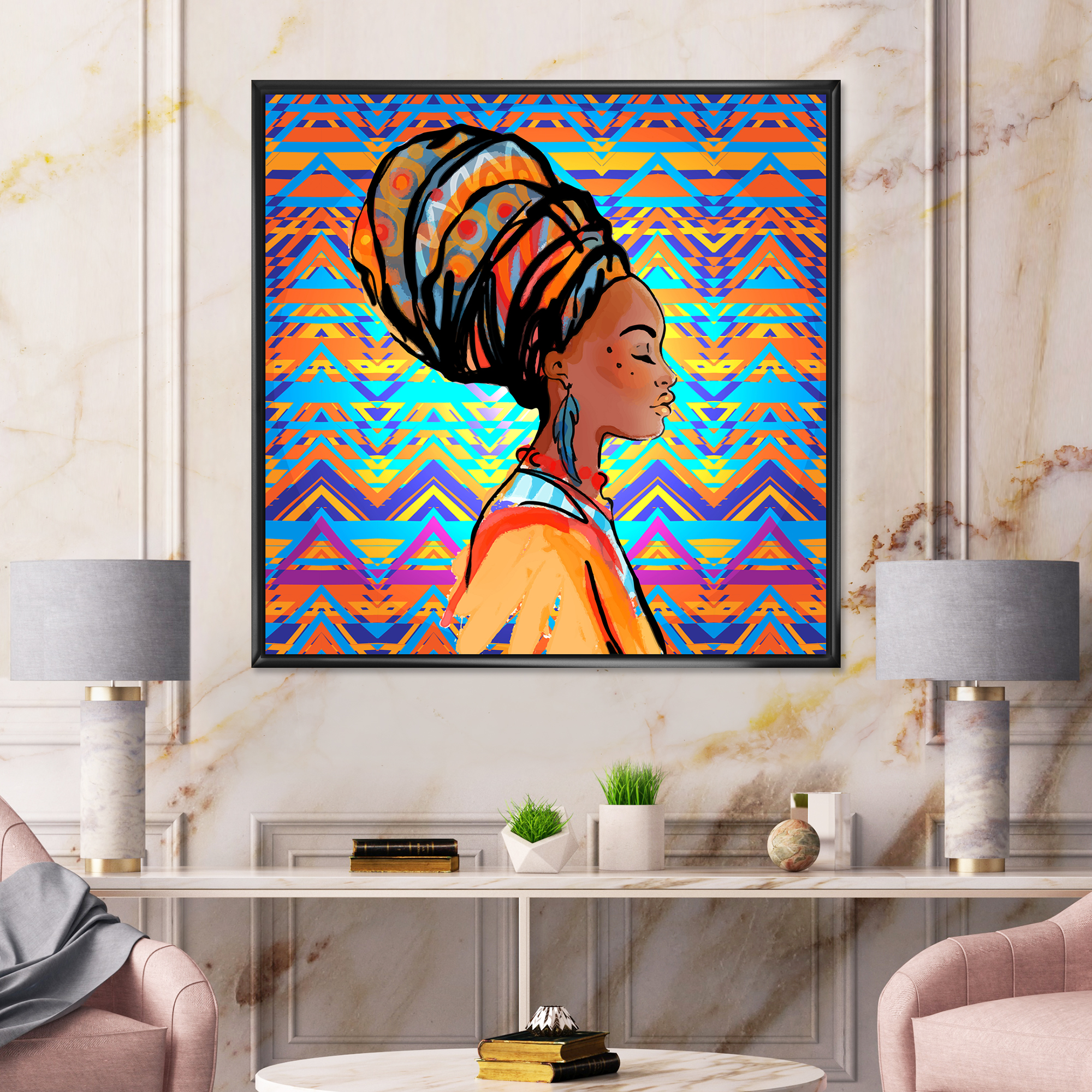 Designart 'African American Woman Portrait with Turban IV' Modern Framed Canvas Wall Art Print